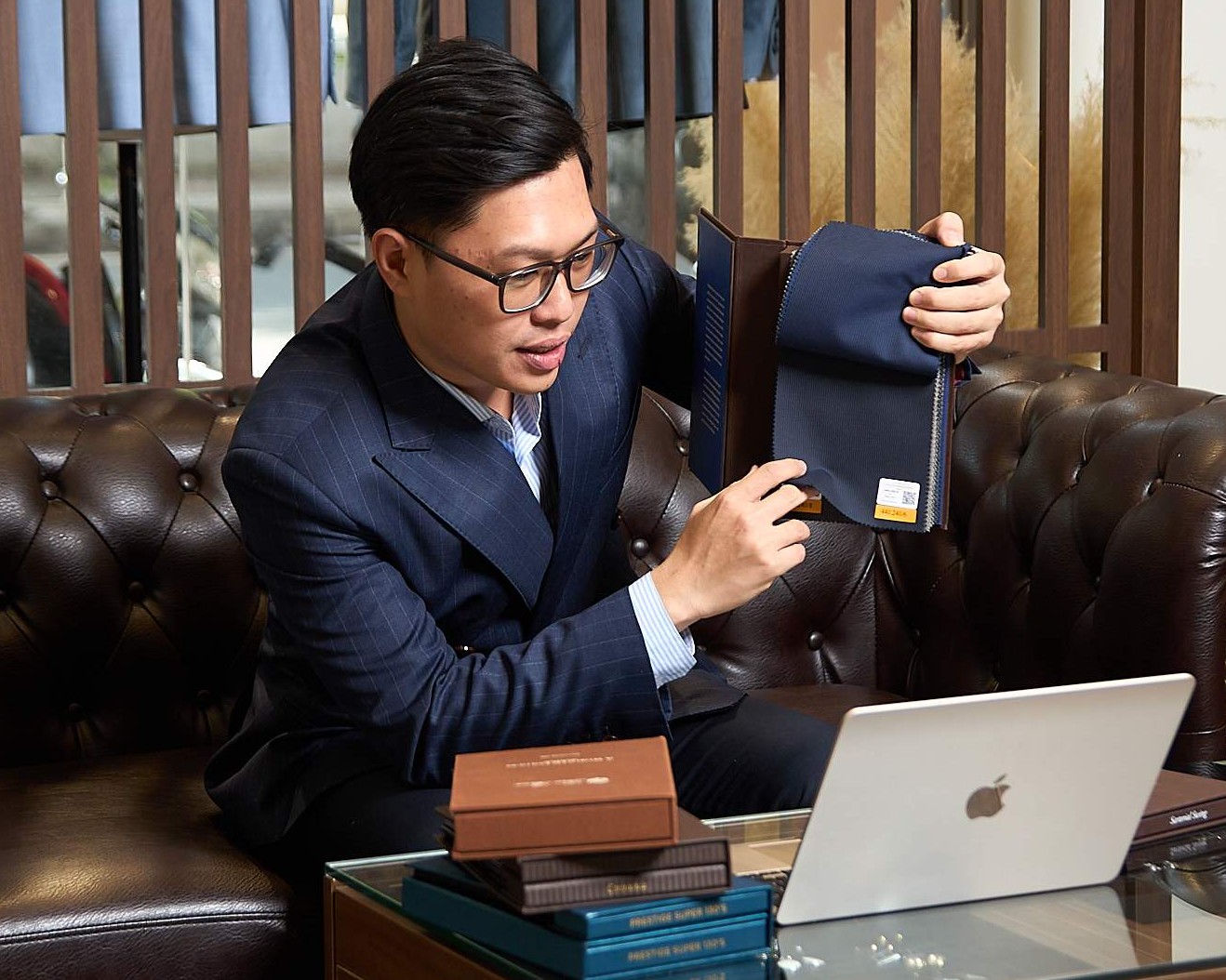 Begin your bespoke journey remotely with virtual consultation, premium fabric selection, design customization, measurements, and personalized pattern preparation before your arrival in Vietnam.